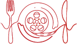 Red line-art logo showing a film reel inside a plate, with a fork on the left and a knife on the right, symbolising the connection between cinema and food.